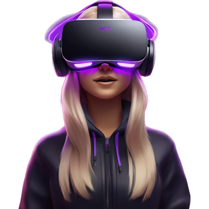 Russian girl wearing black hoody with violet letters "OMG", in vr headset oculus quest2. Dancing. Cyberpunk style. Violet neon. emoji