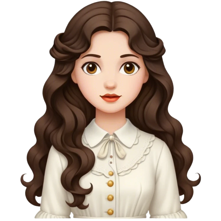 Brunette with long wavy  hair in  white vintage  emoji