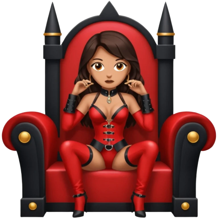 Tan skin with freckles, long dark hair, hazel eyes Dominatrix sitting on a throne emoji