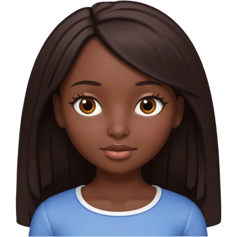 Boneca digital em estilo 3D realista e fofo, semelhante a uma boneca colecionável. Mulher jovem com pele negra, olhos castanhos escuros, cabelo liso cor chocolate, longo e bem alinhado.  emoji