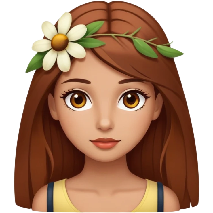 pretty girl with olive skin, hazel eyes and long lashes, has brown hair with a bit red undertone, hair is long and straight, and she’s in summer style, with one flower on her head emoji