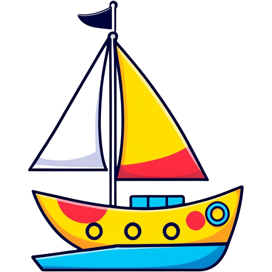 A cartoon toy sailboat with a beaming happy face, colorful sails and tiny portholes emoji