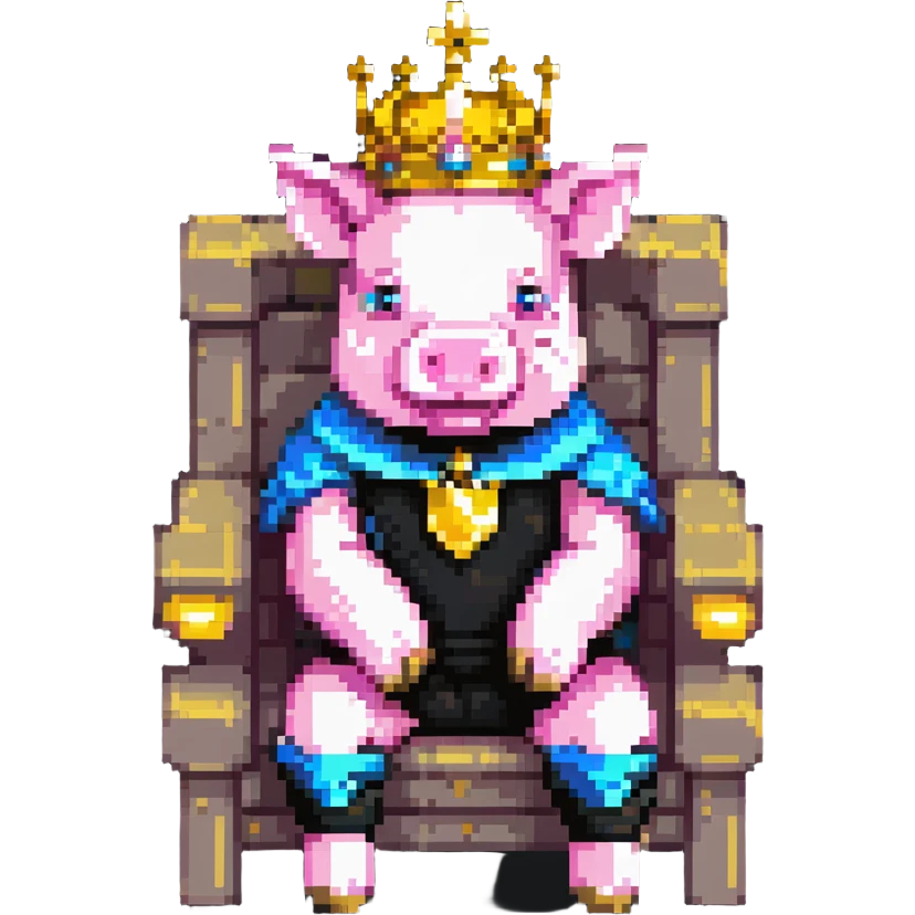 ultra-minimal pixel art pig with a golden crown sitting on a throne, blocky and square like Minecraft, inspired by Technoblade emoji
