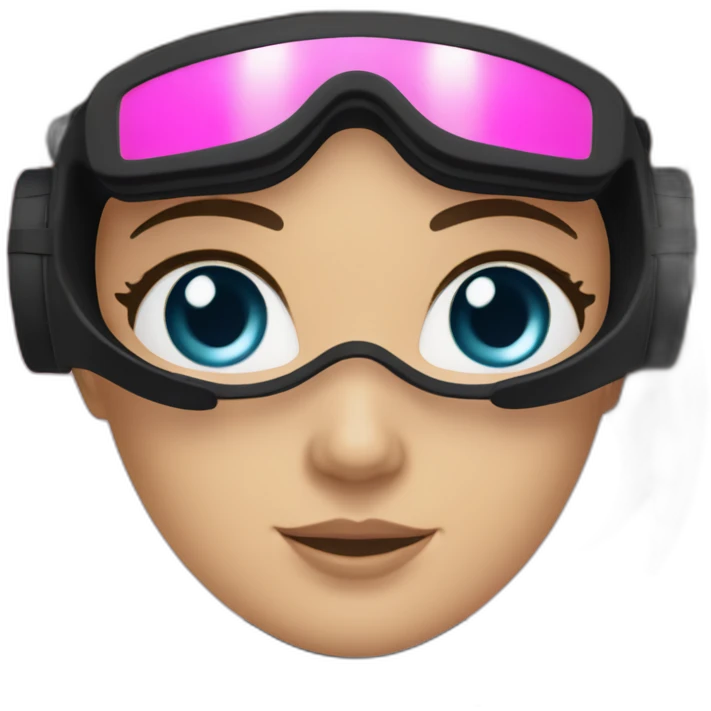 a woman with an a black scubadiver suit. she wear a pink diving mask, she has blue eyes inside the dive mask. brown long and straight hair emoji
