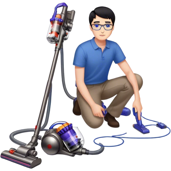 Man with black hair and blue eyes with glasses using Dyson gen5 on the floor emoji