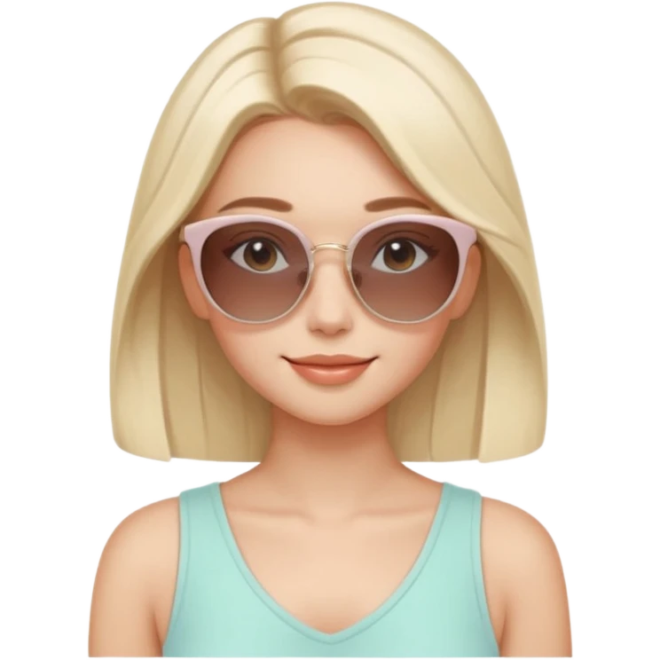 Clean girl influencer character, chest-up portrait, minimal aesthetic, natural glowing skin, soft confident smile, sleek hair, neutral pastel outfit, wearing trendy sunglasses on head, subtle beauty accessories, stylish hair clip, calm luxury vibe, clean modern illustration style emoji