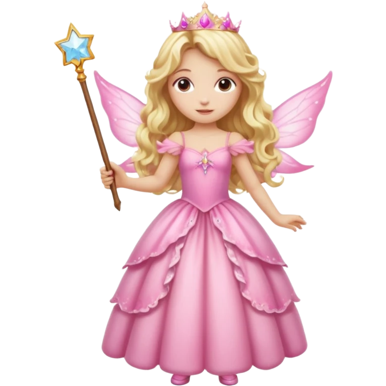 Detailed long pink princess dress, long blonde wavy hair, pink fairy wings emoji
