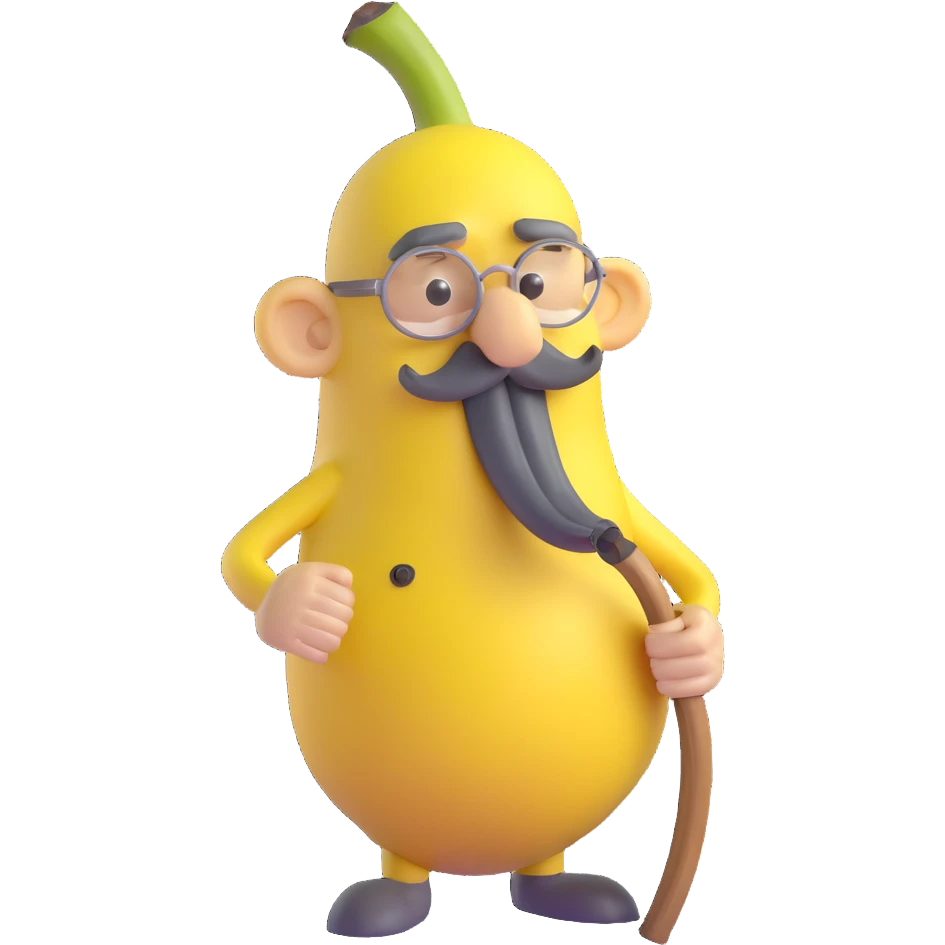 very old banana with cane, large gray mustache, wrinkled peel, hunched posture, gentle face, 3D style, white background emoji