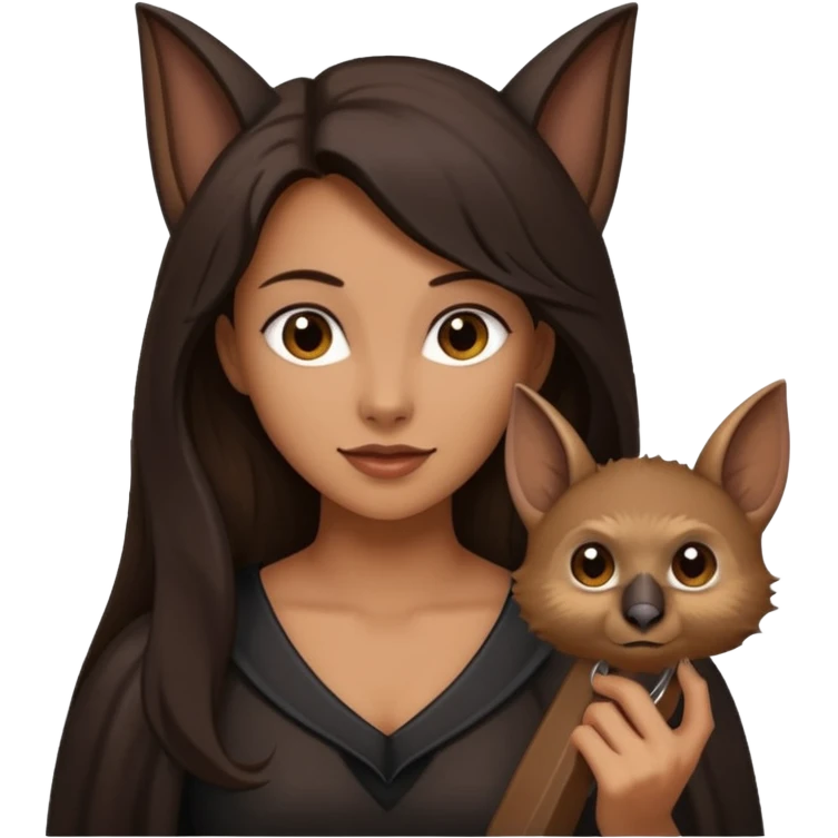woman with long dark hair holding a horsehoe bat emoji