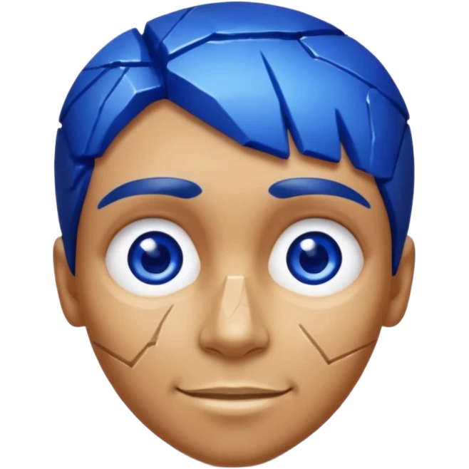 A single sapphire-blue faceted rock head, chunky and worn, with very visible cracks and chipped facets but still shiny, big kind eyes and a confident smile emoji