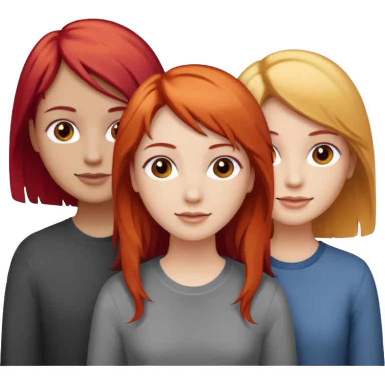 Can you create an image of 3 friends together one with red bright hair light skin one the other with brown hair with some blonde highlights in the hair fair skin the last one with light brown a tint of orange hair and Brown hair emoji