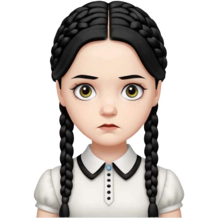Draw Wednesday Addams with pale skin, black braids, white-collared dress & serious expression. emoji