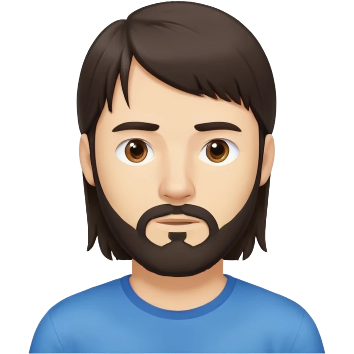 Caucasian Argentine man with long straight dark brown hair, loose hairstyle with bangs, shoulder-length hair, short full beard, serious-neutral expression, basic blue t-shirt emoji