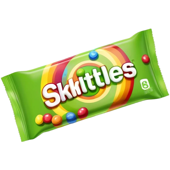 Minimalist flat design of a Skittles package. Rainbow colored simple rectangular package with just a few green round candies. Clean lines and minimal details. emoji