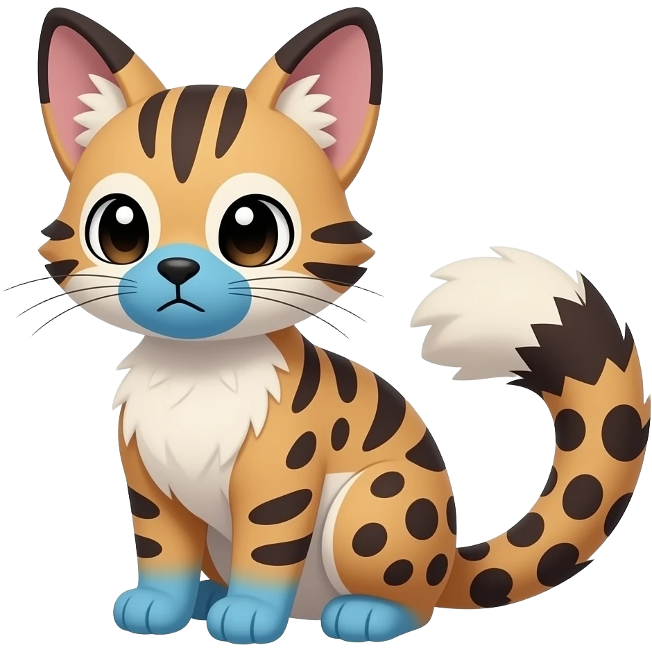 realistic sad precious cute young vertical-dark-brown-striped-and-vertical-white-striped Fakémon-Pokémon-feline-Zeraora-vernid-serval-caracal-chinchilla-Cinccino-rodent-hybrid-creature (full body) with cobalt-blue muzzle, cobalt-blue puffy fluffy paws, tufted spotted lynx-ears, spotted leopard tail emoji