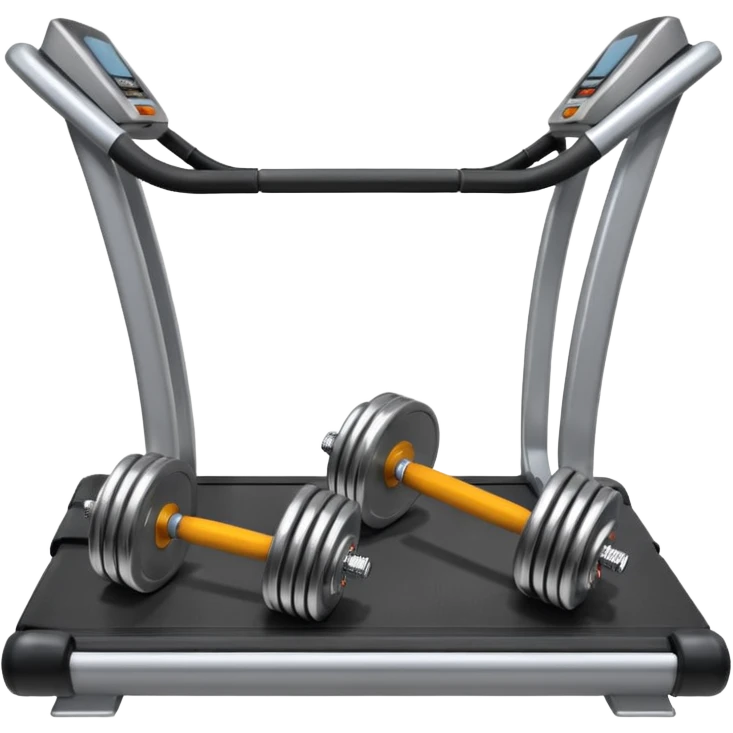 Two heavy dumbbells side by side on the floor in front of a treadmill emoji