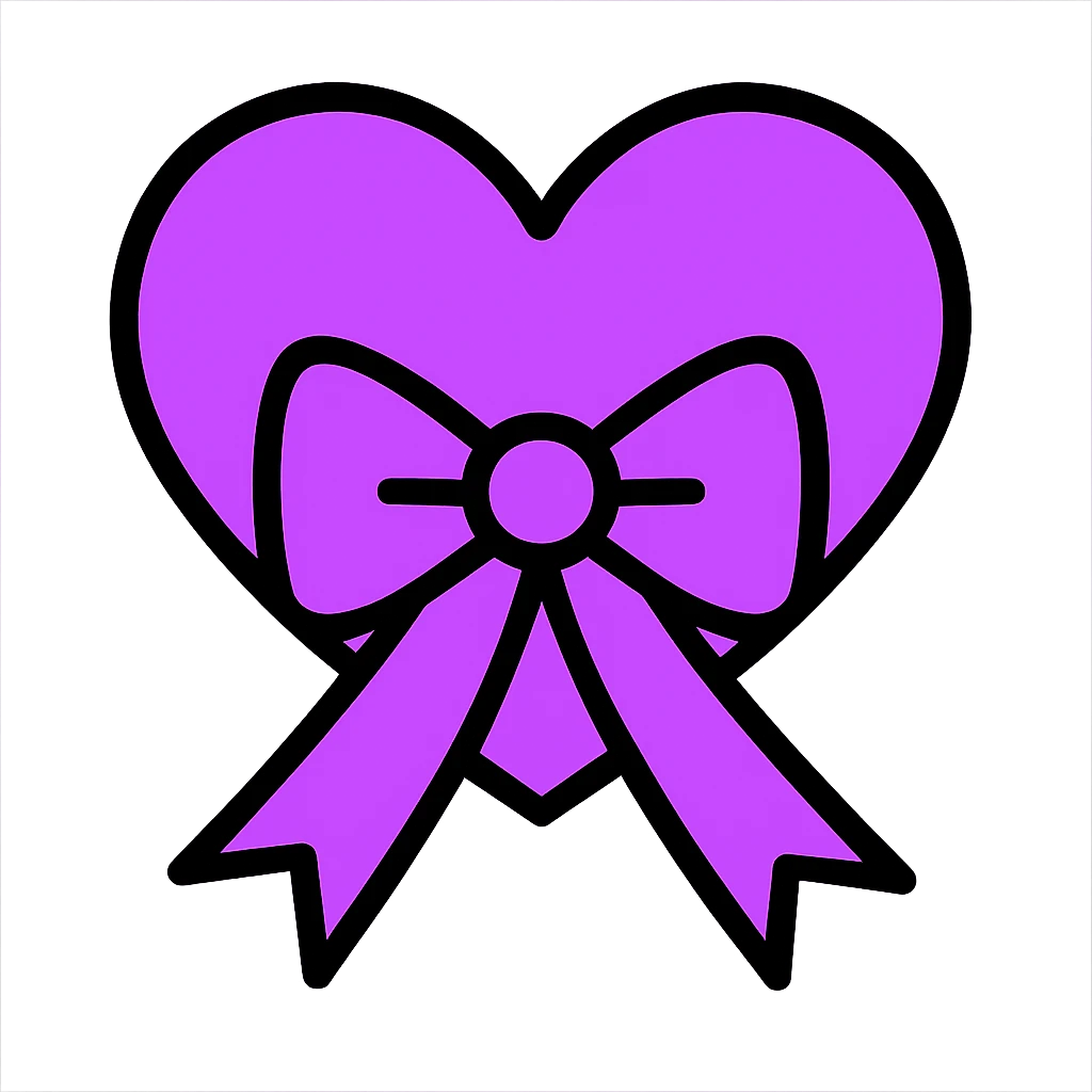 Add a bow to the ribbon on the purple heart, keep the color outline icon style, with no background. emoji