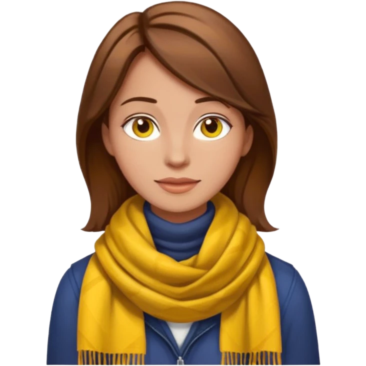 woman emoji with brown hair, no earrings, no necklaces, no jewelry, wearing yellow Pathfinder scarf, apple emoji style, transparent background emoji