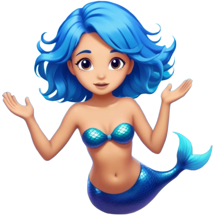 Cinematic Realistic Blue Hair Mermaid Portrait, head tilted playfully and inquisitively, showcasing a delicate, tropical form with finely detailed, flowing blue hair contrasting beautifully against her sun-kissed tanned skin. Her bright, curious eyes sparkle like sea gems under warm filtered light, rendered with lifelike clarity and soft underwater illumination—capturing the essence of a spirited mermaid poised to dance playfully amidst coral reefs. emoji