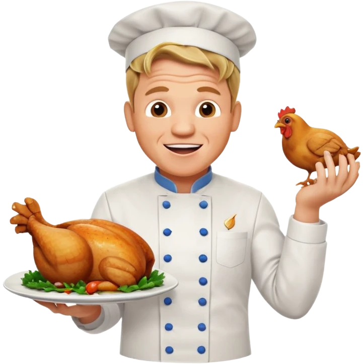 Gordon Ramsay excited, showing off a perfectly cooked chicken on a plate, chef uniform emoji