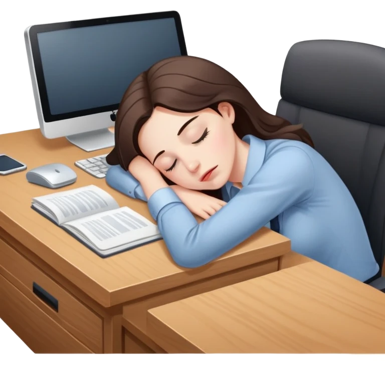 Exhausted office worker woman napping at plain desk, no computer emoji