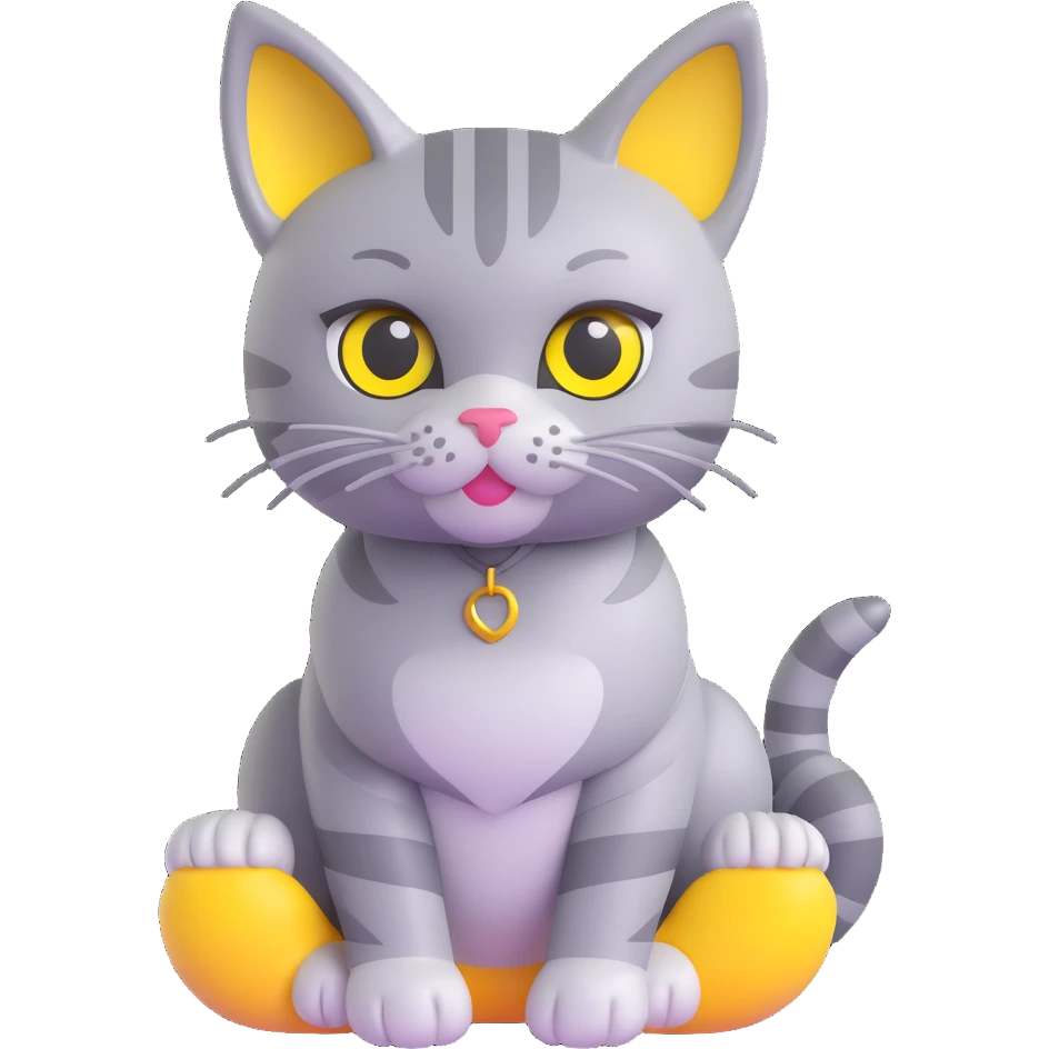 Cute gray tabby cat with big yellow eyes, sitting, shiny and glossy, in 3D iOS emoji style on a transparent background. emoji
