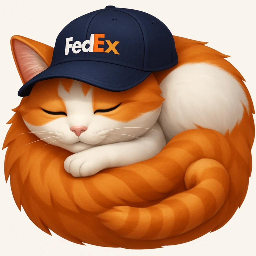 sleeping cat emoji with a FedEx uniform cap emoji