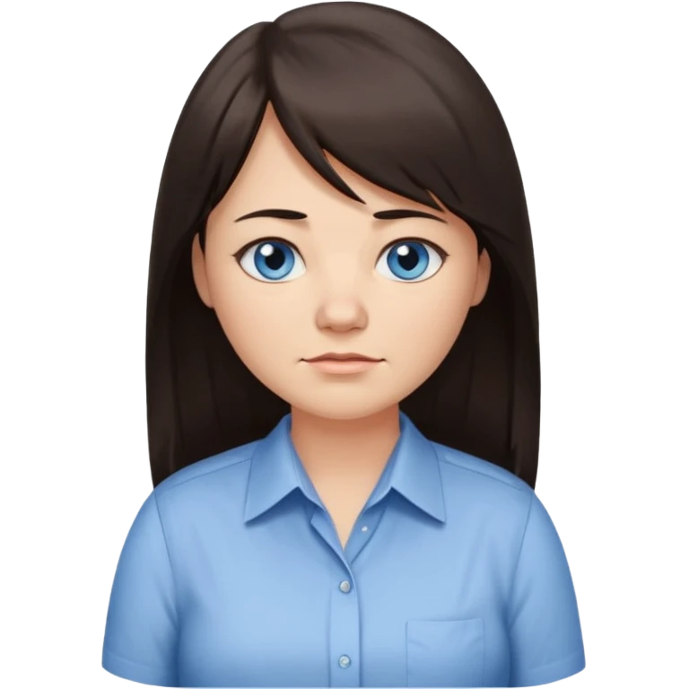 40 yr old woman, blue eyes, long straight dark brown hair, business shirt, chubby, bangs, long hair, tired, small smile emoji