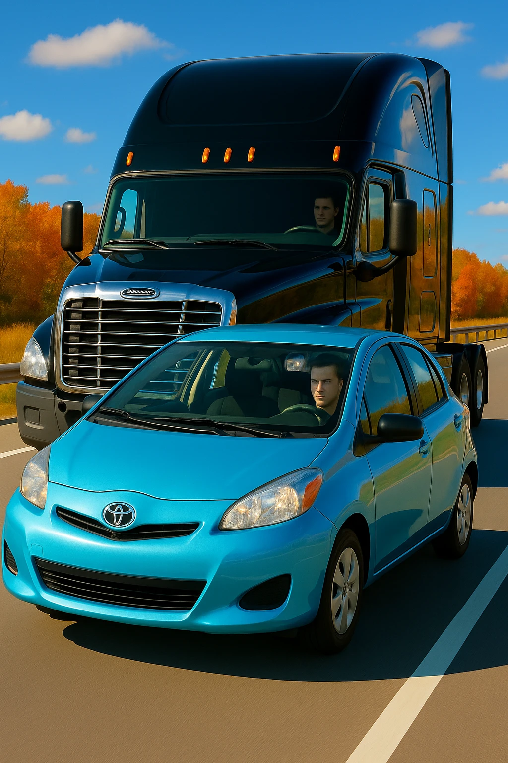 Make the entire scene brighter and more vibrant, keep the black semi truck without a trailer and a person in the car in front. emoji