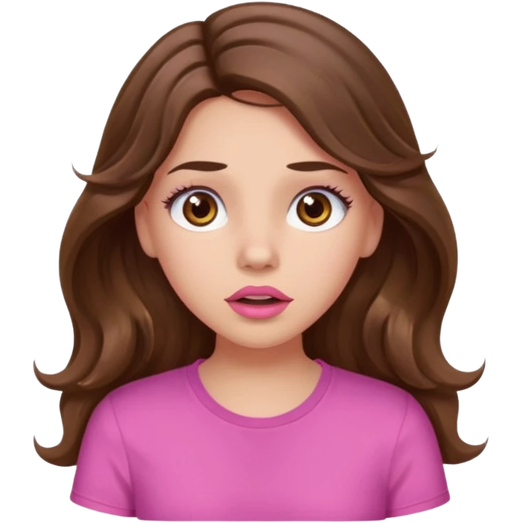 girl with long wavy brown hair, brown eyes, light to medium complexion, in a pink shirt, pink lips, long lashes, surprised emoji