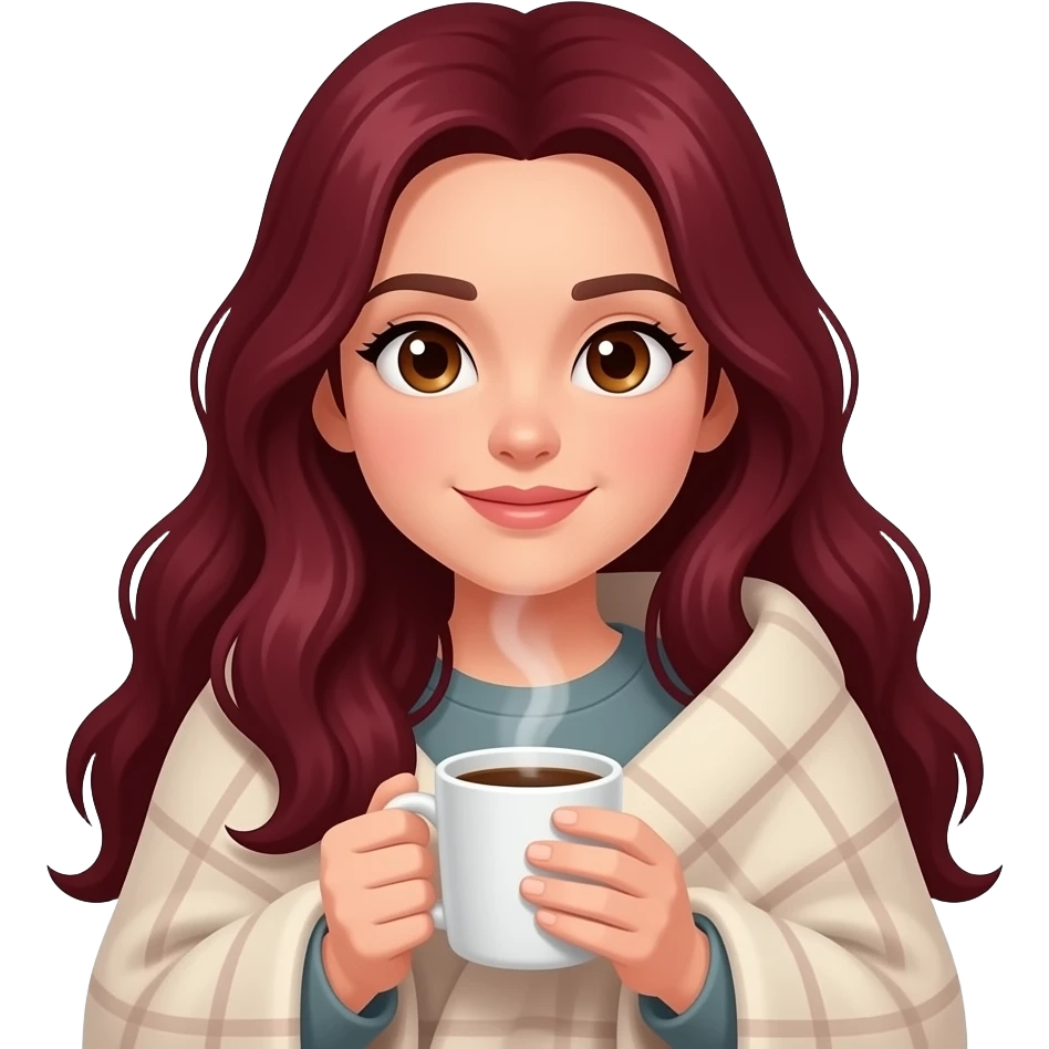 Battaniye sarılmış Saç koyu kırmızı rengi olucak çok uzun saç olucak göz rengi ela olucak kahve içmeyi severim. emoji