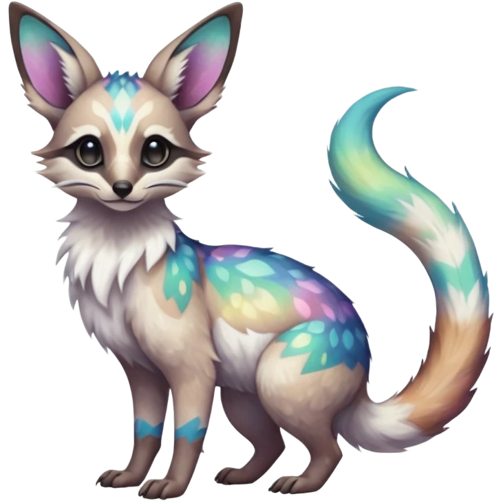Rare realistic pretty beautiful gorgeous iridescent white exotic epic aesthetic colorful Trico-Genet-Eevee-Genet-species-Fakemon-hybrid-creature, with intricate tattoo markings, full body emoji
