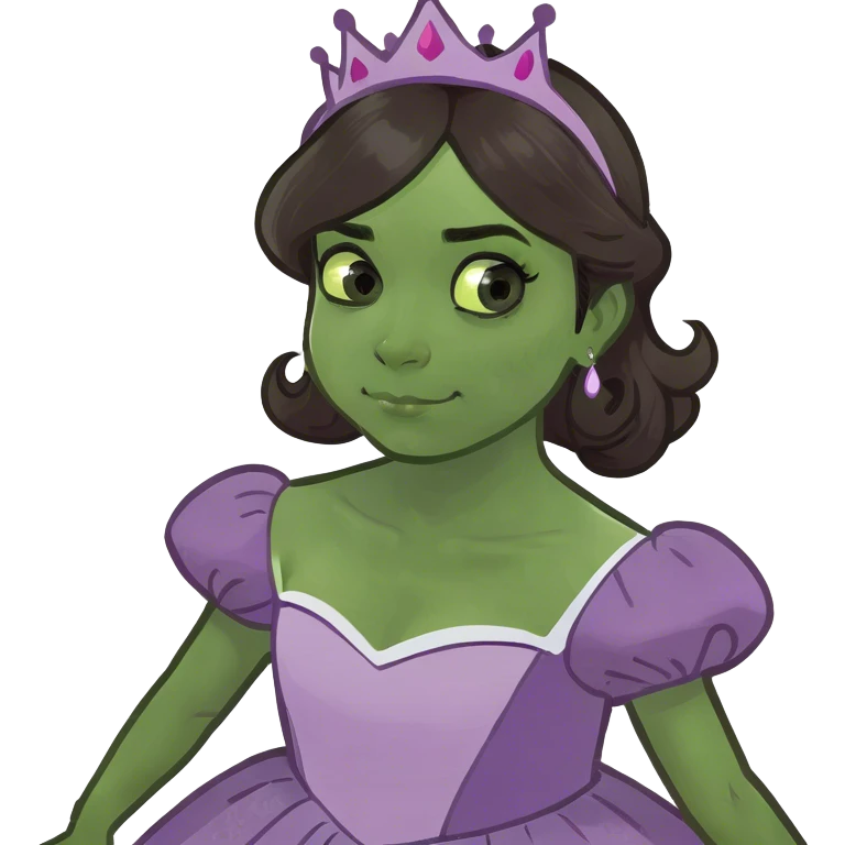 Girl with dark brown hair and green eyes in purple princess dress emoji