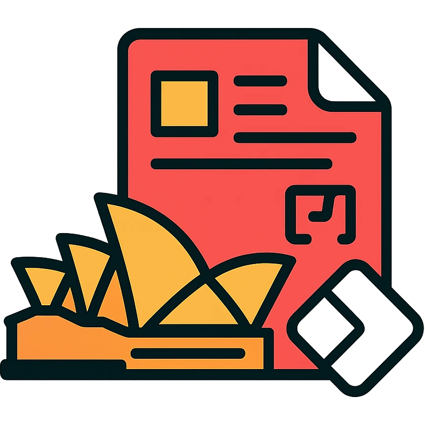 Sydney Opera House with digital page elements, tech-inspired, red and white, Microsoft Power Pages branding icon emoji