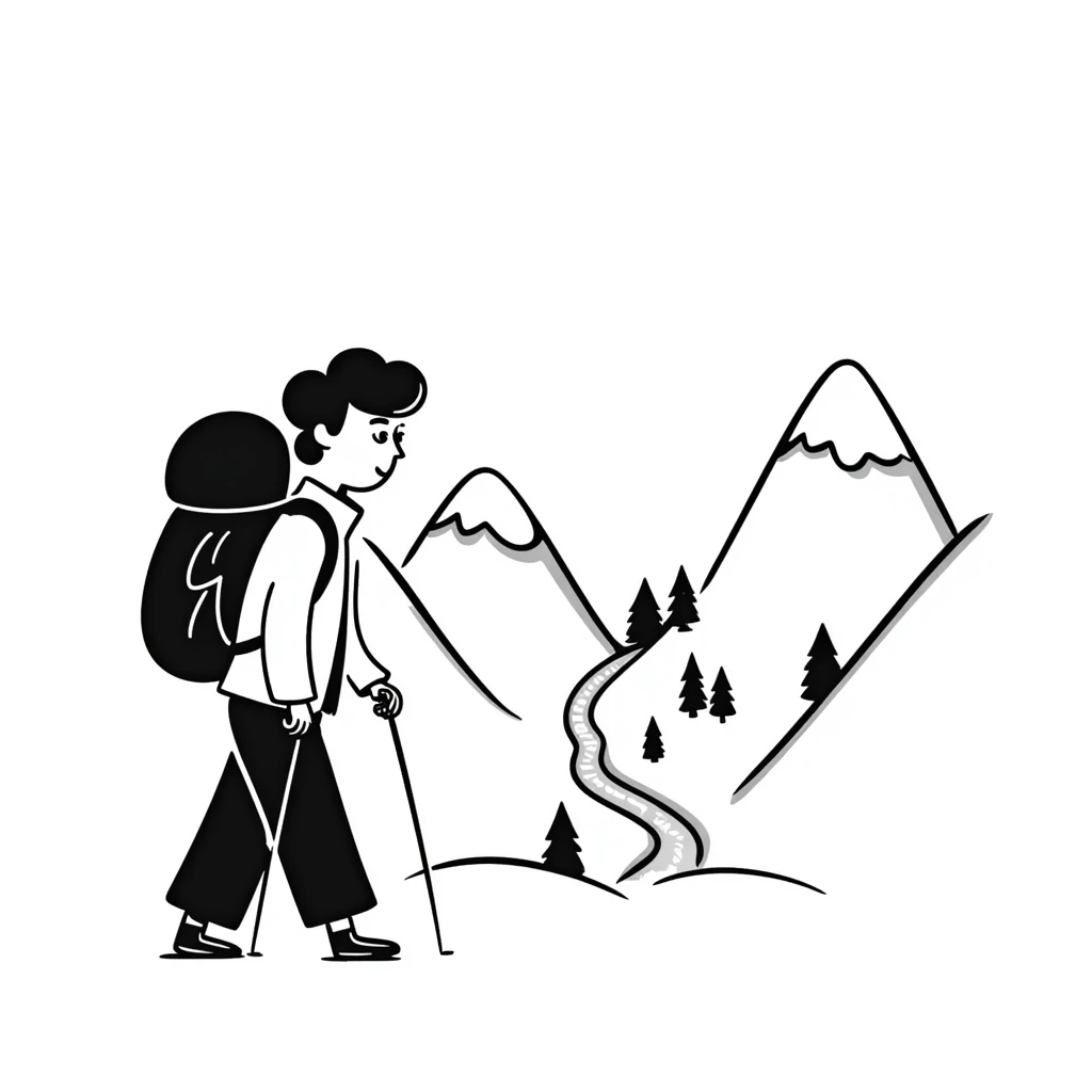 person hiking down one mountain and then climbing up another mountain, showing mountain valley between emoji