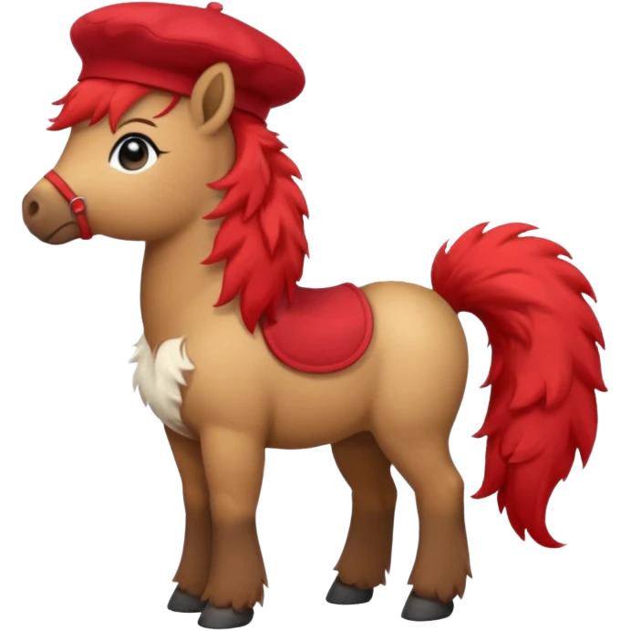 A cute pony (horse) emoji, full body, standing in side view, wearing a stylish red beret. emoji