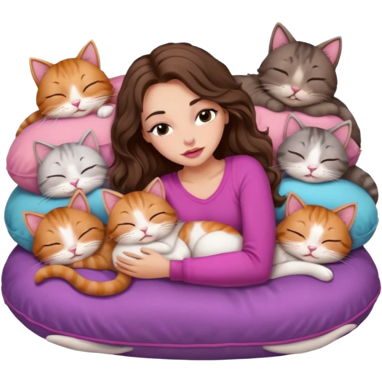 girl with long wavy brown hair, brown eyes, long lashes makeup, sexy pink lips, sleeping on a cozy pillow with 6 cats emoji