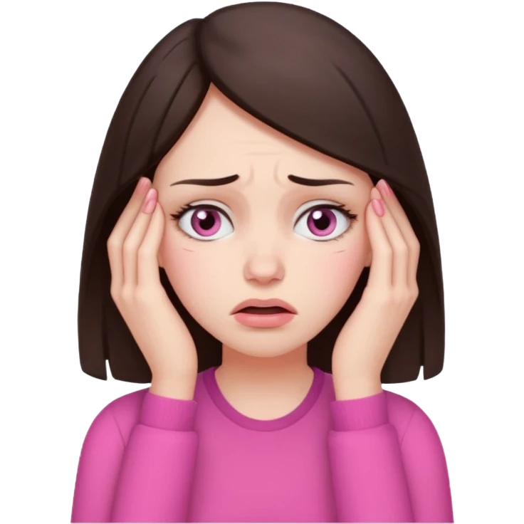 a female brunette with stress and headache wearing pink emoji