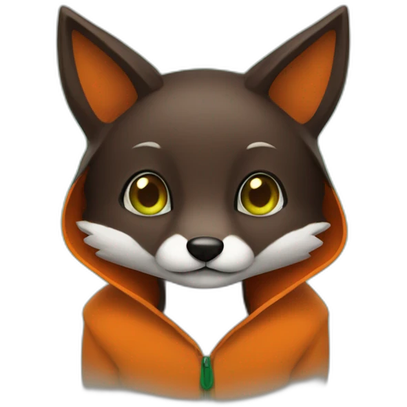 a small dark brown fox with orange eyes with a dark green hood that smile emoji