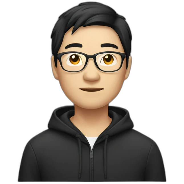 A mature Chinese boy with black hair and eyeglasses wearing black hoodie emoji