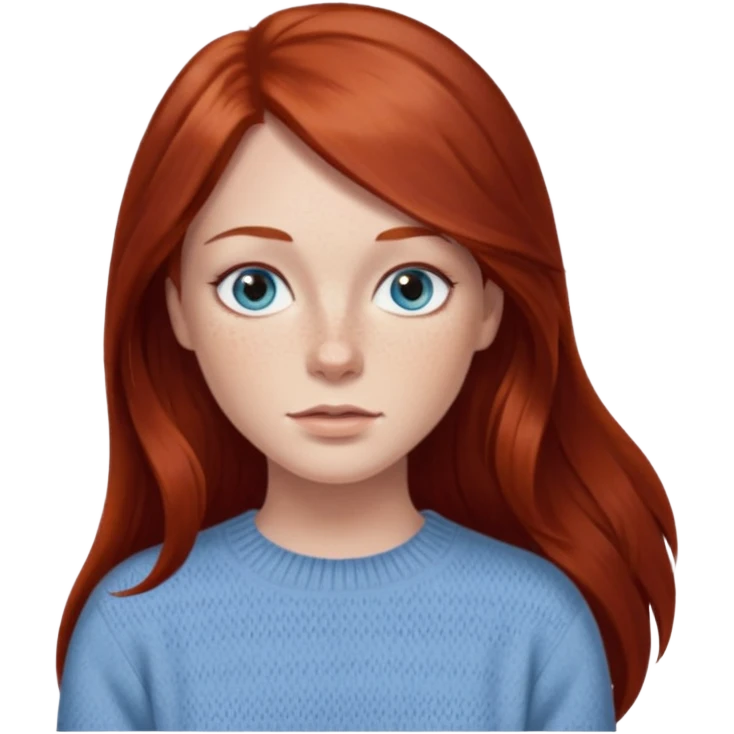 woman with long dark auburn red hair that is mostly straight but has slight waves to it. grey blue eyes. some freckles. wearing a Swedish style sweater that is neutral. the image on the right is closer emoji