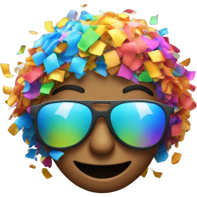 An emoji wearing sunglasses with colorful confetti, reflected in them emoji
