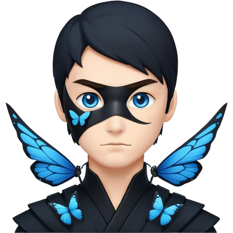 Crea un emoji para usar en WhatsApp con estos dos emoji 🥷🏻🦋.
Ninja vestido de negro con la piel blanca con una mariposa azul posada en el hombro como si estuviera volando. emoji