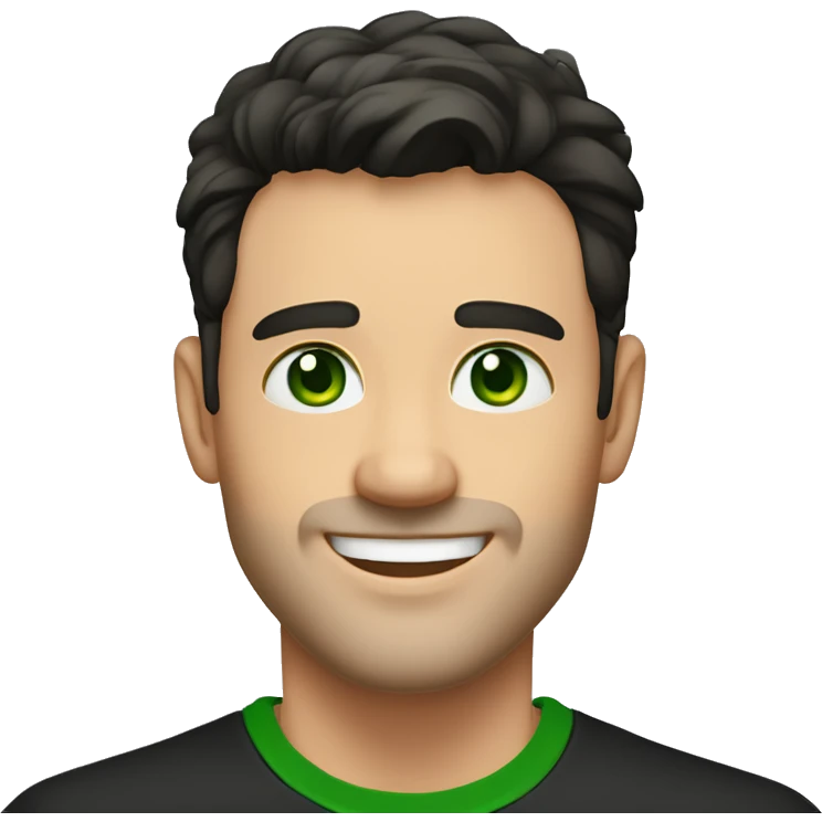 Handsome man with dark hair, gradient short hair on the side, green eyes. Big smile and thin face. Black t-shirt and two earlobes piercing  emoji
