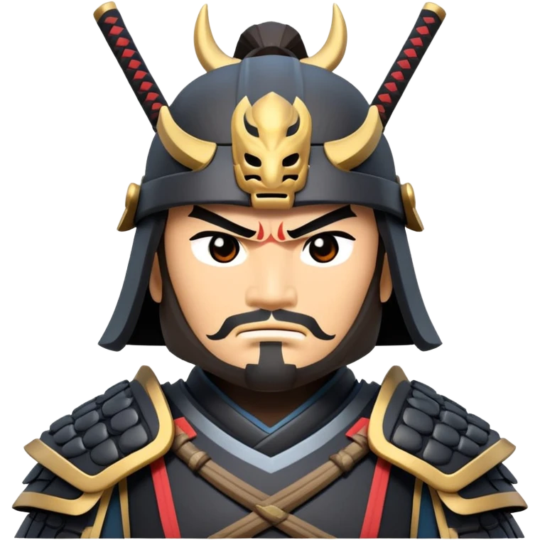 clash-of-clans-aesthetic_-cinematic-fearsome-and-majestic-samurai-bust-portrait-emoji, rendered in a flat, vector-style with minimal shading and bold, simplified shapes typical of emoji art, depicting a battle-hardened samurai with steely eyes and traditional black Japanese armor, riding a noble grey warhorse adorned with an intricately designed saddle and fluttering banners, against a backdrop of cherry blossoms and a rising sun. emoji