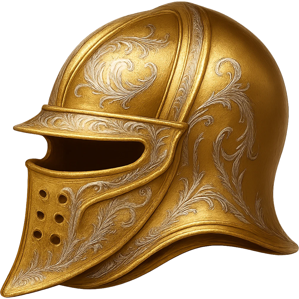 Recolor this helmet to a plated gold color with ornate engravings inlaid with silver. The gold should be rich and metallic, and the engravings should have a bright, reflective silver finish. Keep the exact shape and proportions of the original helmet. Transparent background. The original style is armor illustration. emoji