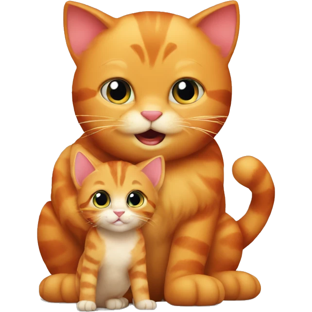 A big red cat playing with a small kitty emoji