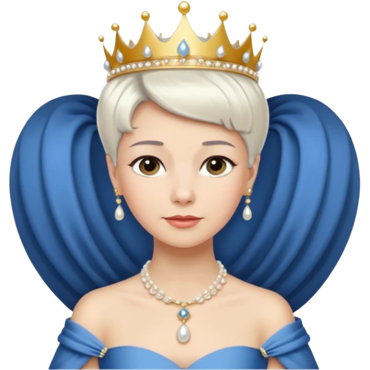 Queen with white short hair – gold tiara, pearl necklace, elegant gown, blue dress emoji