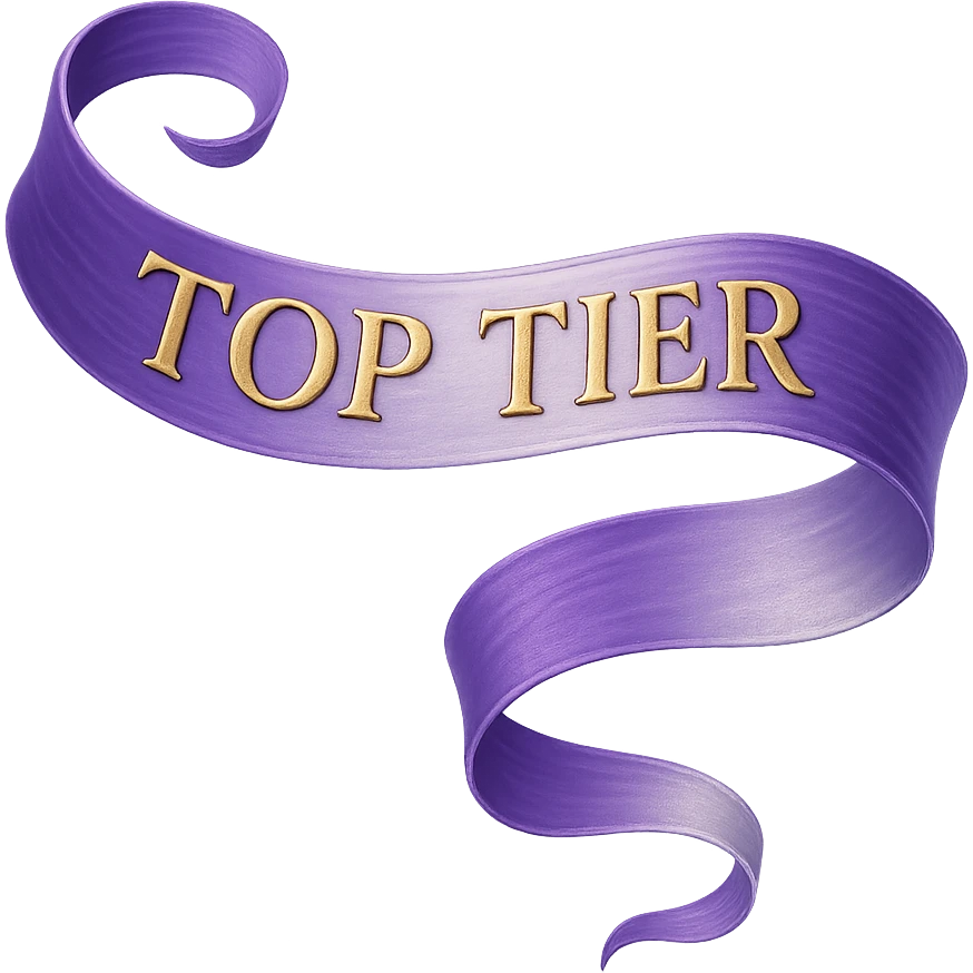 An elegant, flowing ribbon in a vibrant gradient of purple and silver, with the words 'TOP TIER' embossed in a sophisticated, slightly raised gold lettering, no background emoji