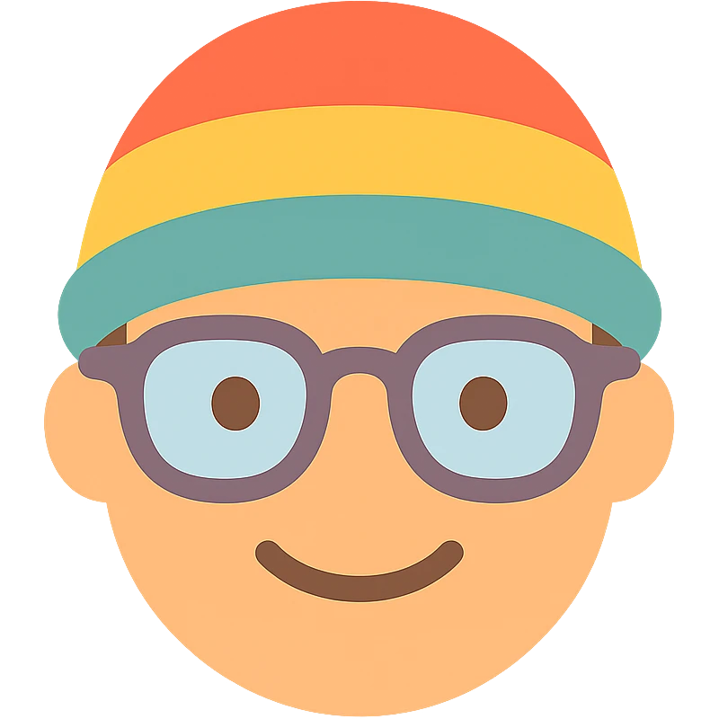 a face wearing a colorful hat and retro glasses, minimal and flat colors, icon style emoji